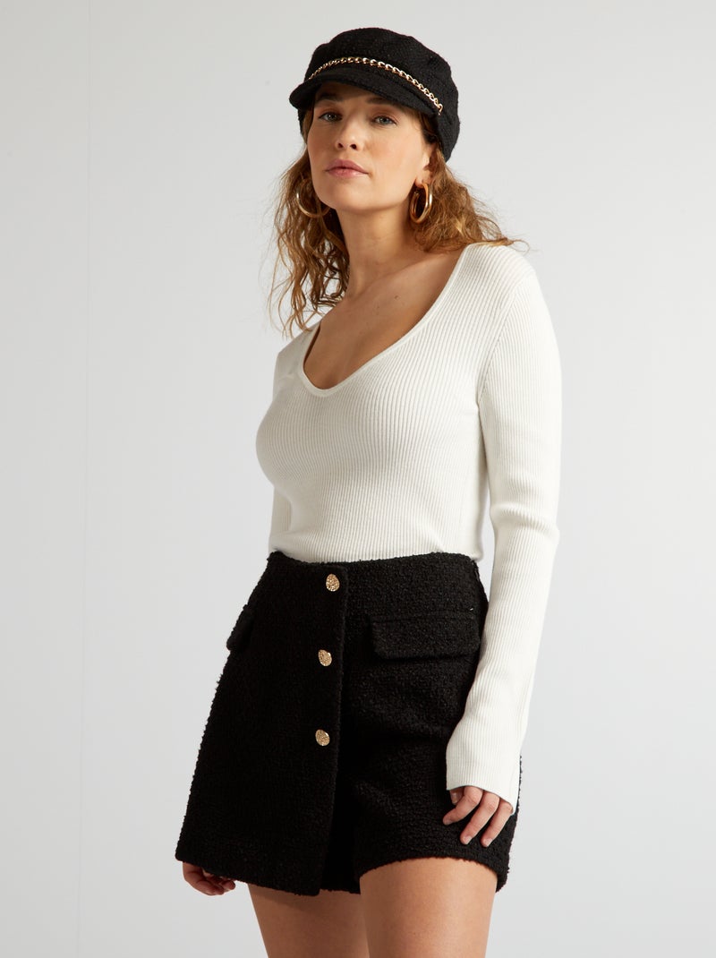 Camisola canelada com decote coração Branco - Kiabi