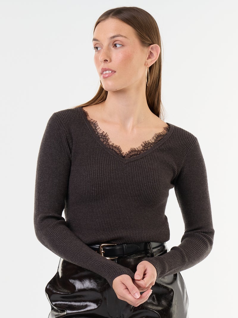 Camisola canelada com decote em V e renda Cinza - Kiabi