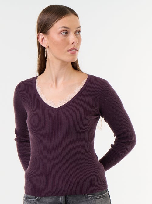 Camisola canelada com decote em V e renda - Kiabi