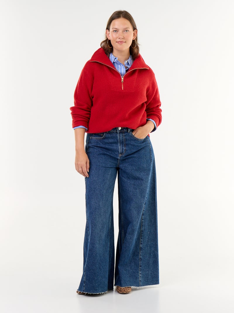 Camisola canelada com fecho e gola subida Vermelho - Kiabi