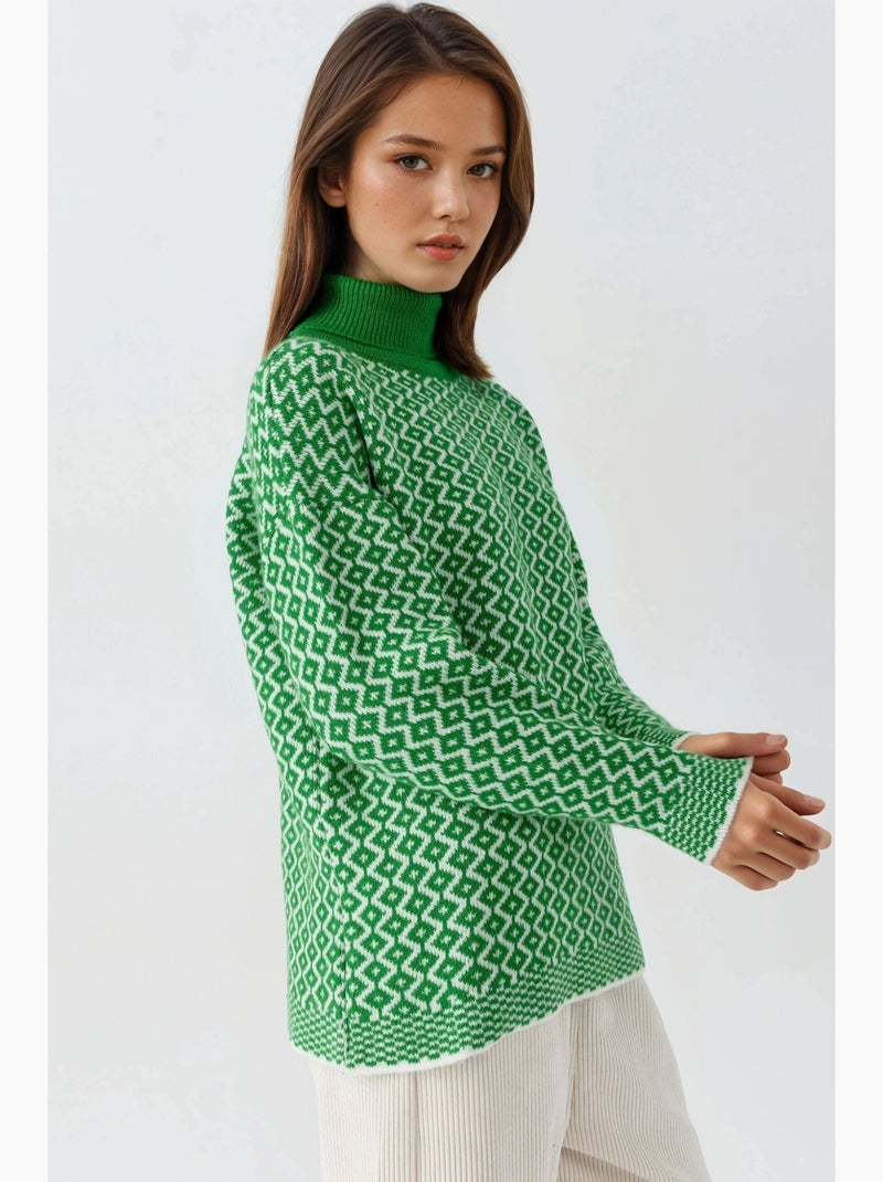 Camisola canelada com gola alta comprida e padrão geométrico my fashion Verde escuro - Kiabi