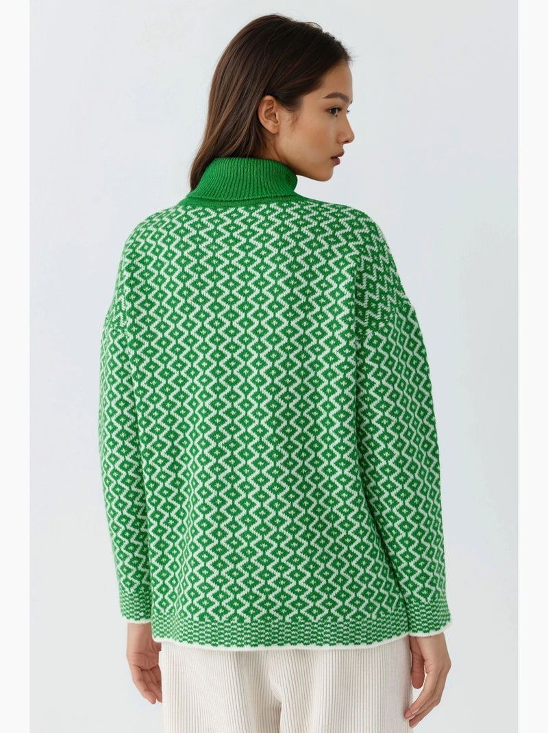 Camisola canelada com gola alta comprida e padrão geométrico my fashion Verde escuro - Kiabi