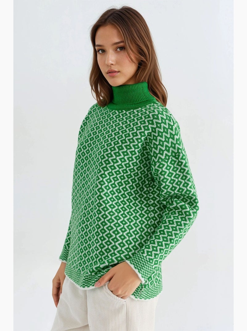 Camisola canelada com gola alta comprida e padrão geométrico my fashion Verde escuro - Kiabi
