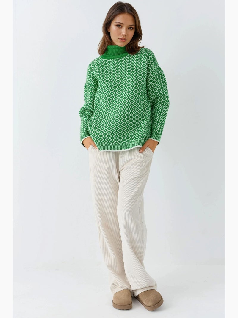 Camisola canelada com gola alta comprida e padrão geométrico my fashion Verde escuro - Kiabi