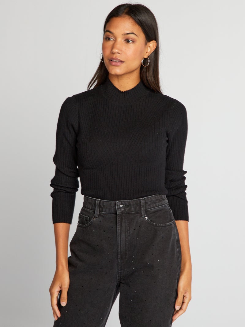 Camisola canelada com gola alta Preto - Kiabi