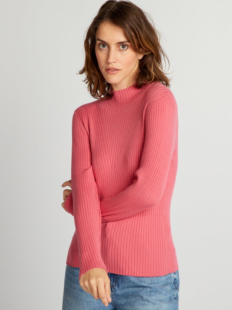 Camisola canelada com gola alta ROSA - Kiabi