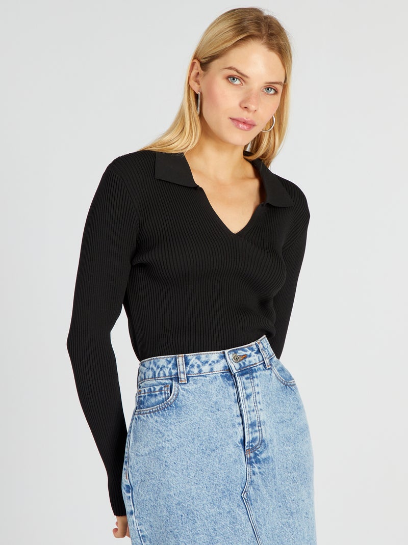 Camisola canelada com gola em bico Preto - Kiabi