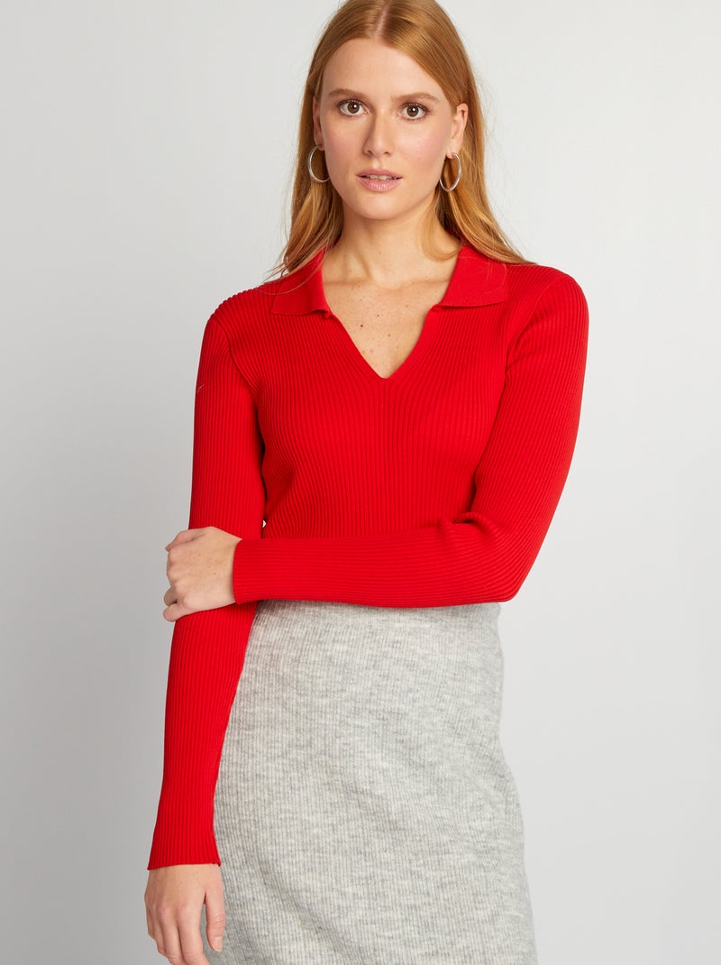 Camisola canelada com gola em bico VERMELHO - Kiabi