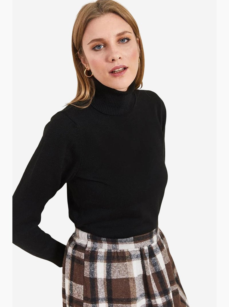 Camisola canelada de gola alta ajustada lucci Preto - Kiabi