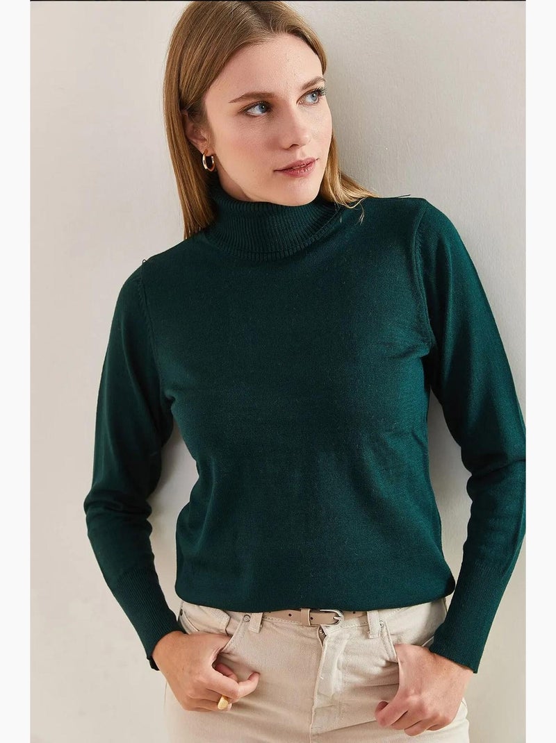 Camisola canelada de gola alta ajustada lucci Verde esmeralda - Kiabi
