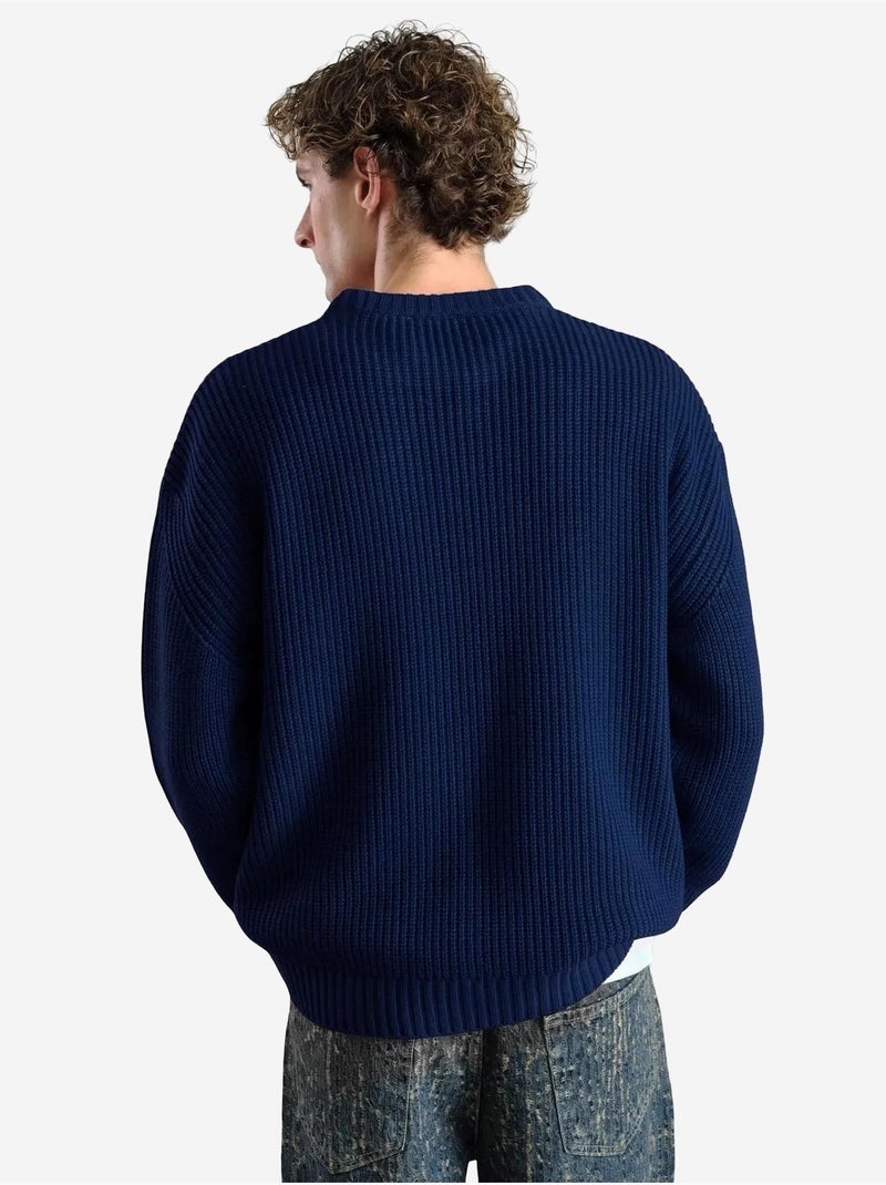 Camisola canelada de gola redonda giesto Azul-marinho - Kiabi