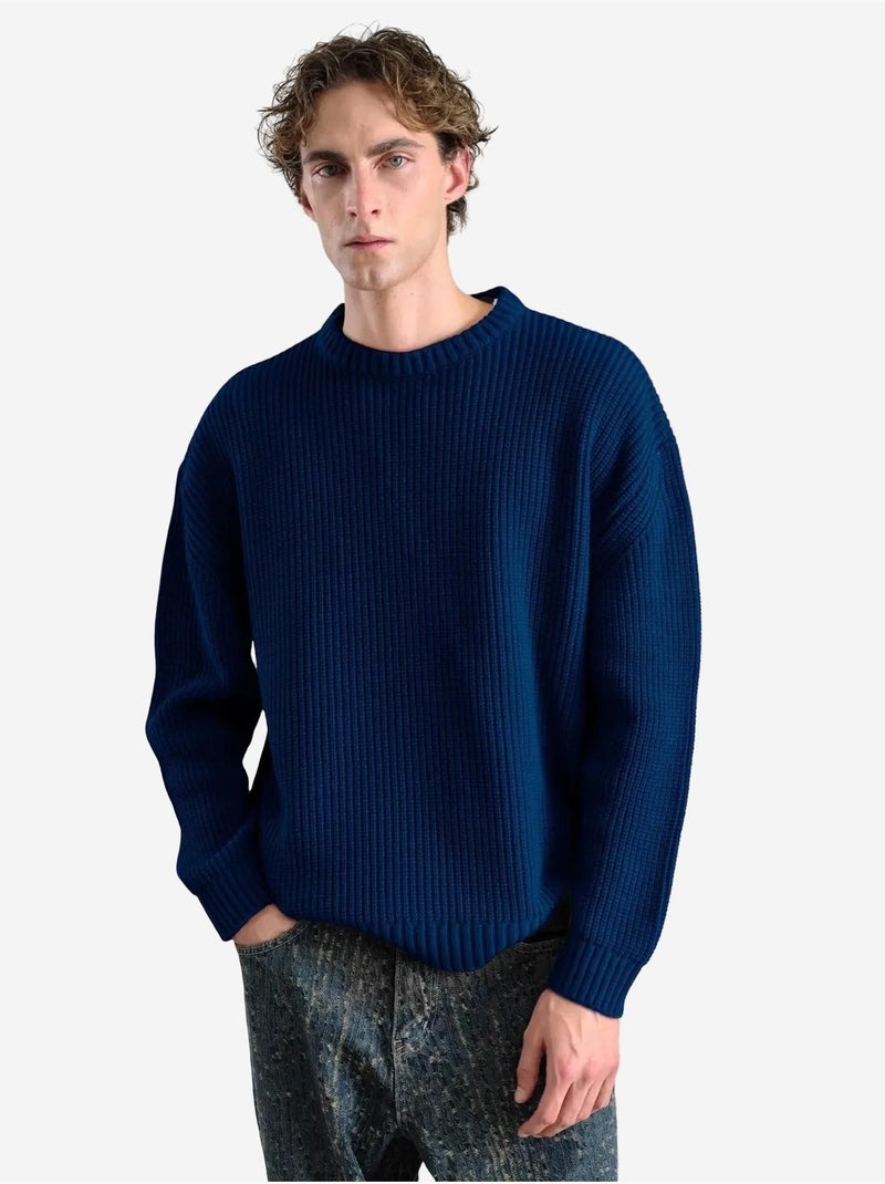 Camisola canelada de gola redonda giesto Azul-marinho - Kiabi