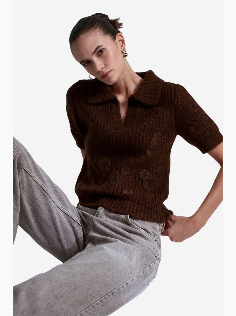 Camisola canelada texturizada com gola polo dilvin Castanho - Kiabi