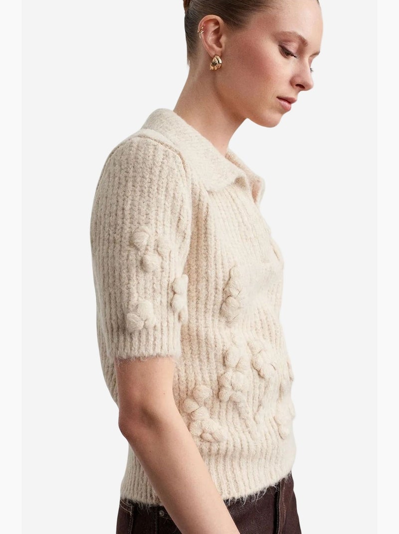 Camisola canelada texturizada com gola polo dilvin Creme - Kiabi