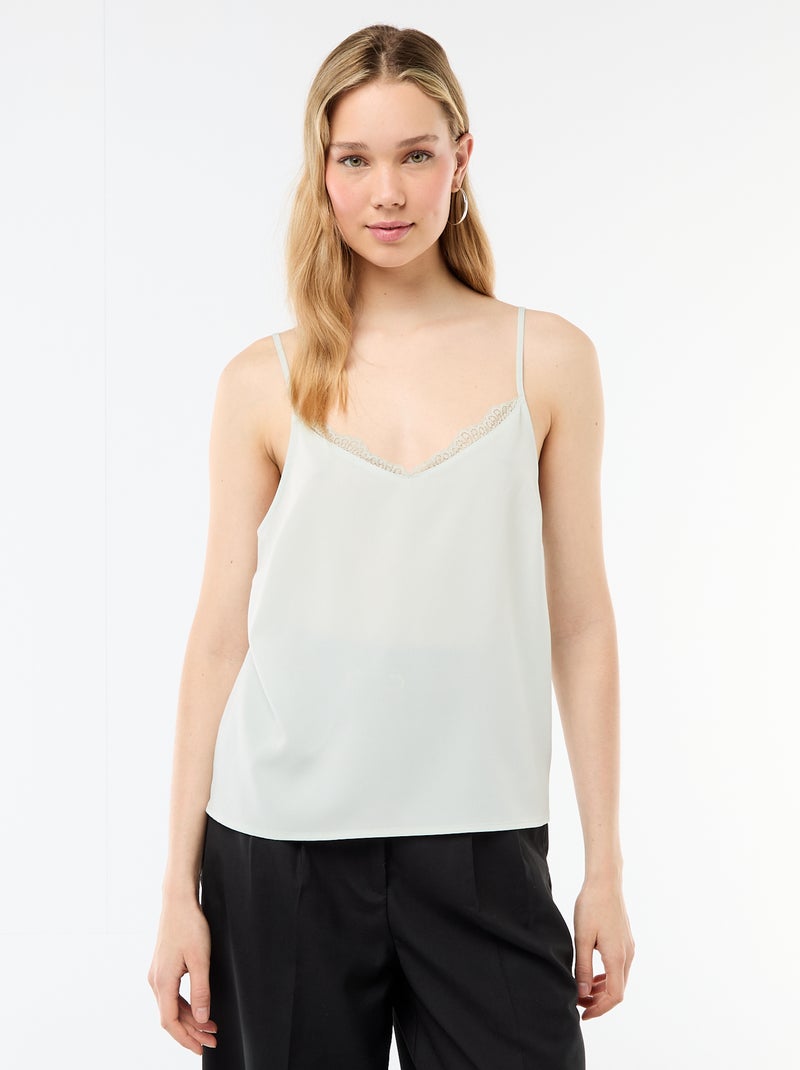Camisola com alças finas ajustáveis e gola em renda Azul - Kiabi
