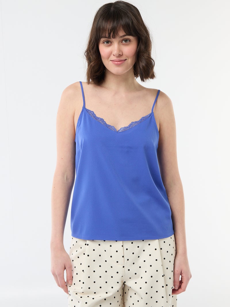 Camisola com alças finas ajustáveis e gola em renda Azul - Kiabi