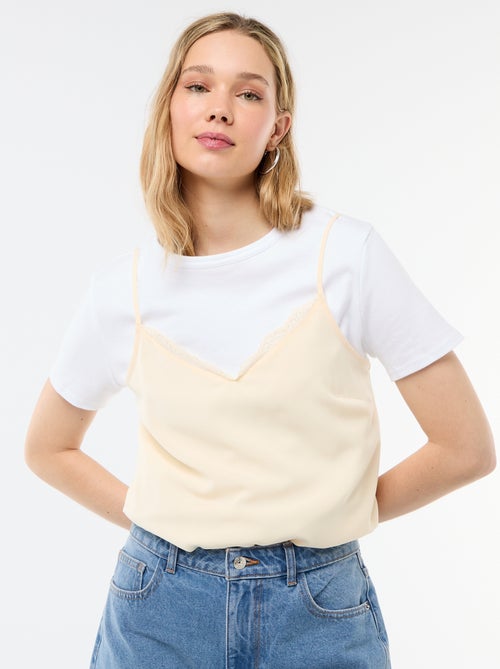 Camisola com alças finas ajustáveis e gola em renda - Kiabi