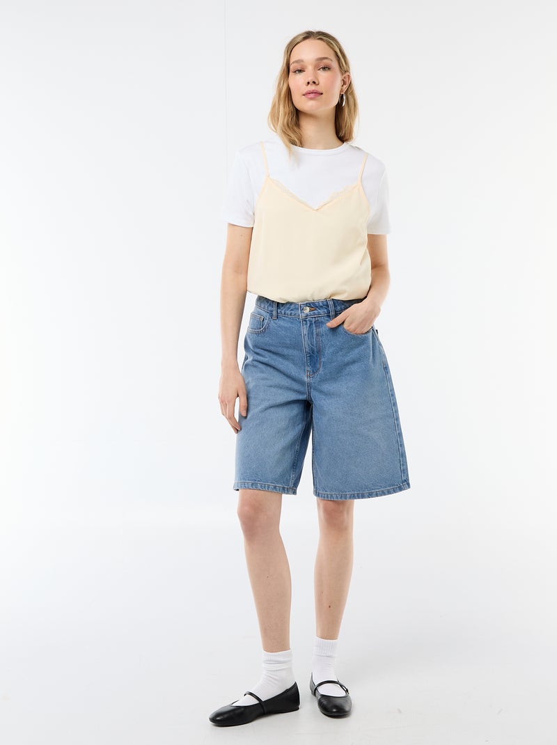 Camisola com alças finas ajustáveis e gola em renda Bege - Kiabi
