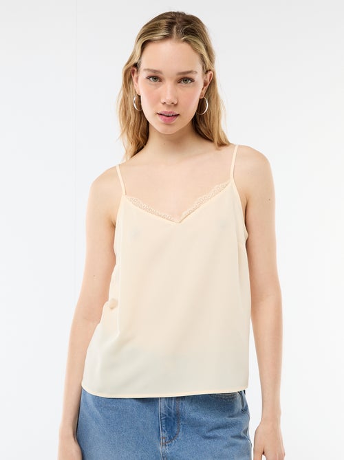 Camisola com alças finas ajustáveis e gola em renda - Kiabi