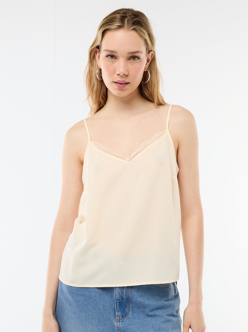 Camisola com alças finas ajustáveis e gola em renda Bege - Kiabi