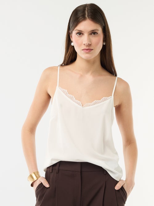 Camisola com alças finas ajustáveis e gola em renda - Kiabi