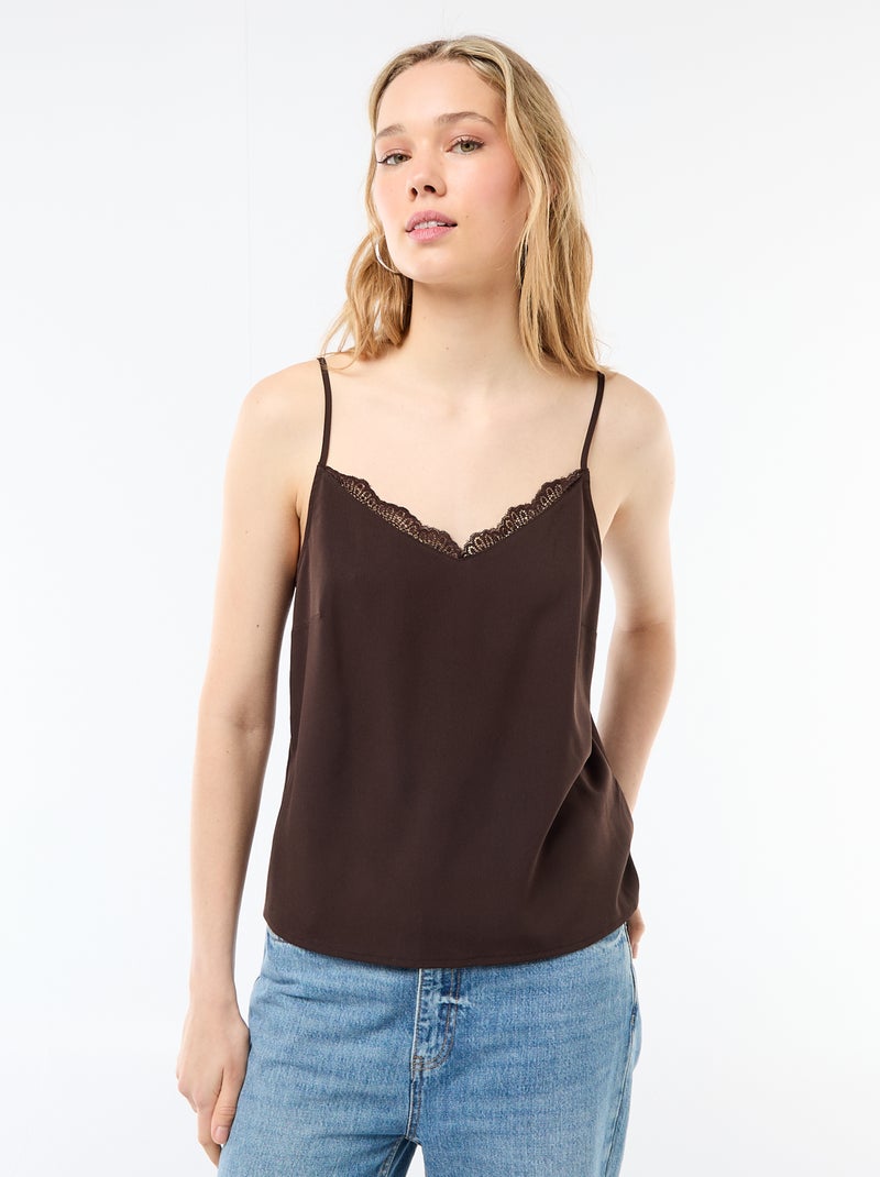 Camisola com alças finas ajustáveis e gola em renda Castanho - Kiabi