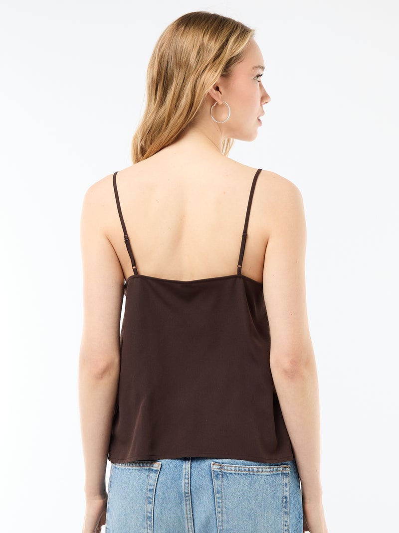 Camisola com alças finas ajustáveis e gola em renda Castanho - Kiabi