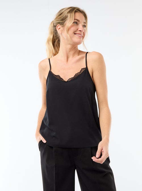 Camisola com alças finas ajustáveis e gola em renda - Kiabi