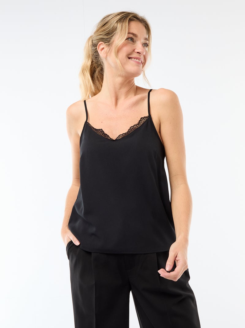 Camisola com alças finas ajustáveis e gola em renda Preto - Kiabi