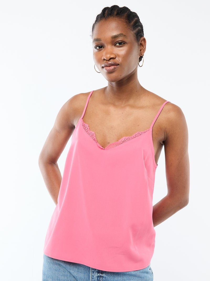 Camisola com alças finas ajustáveis e gola em renda Rosa - Kiabi