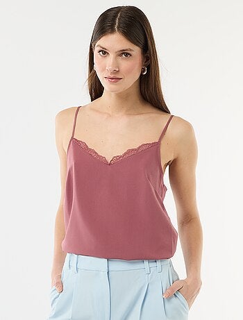 Camisola com alças finas ajustáveis e gola em renda