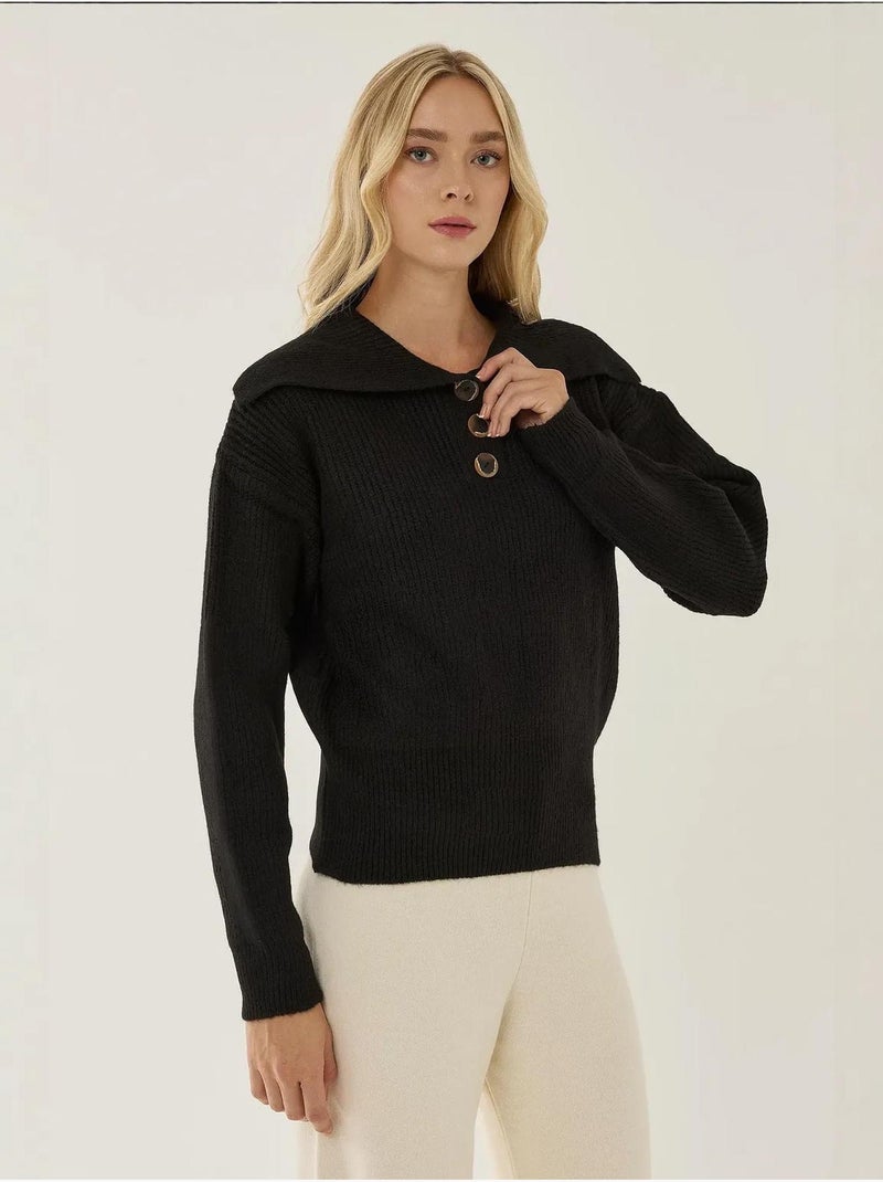 Camisola com botões e gola xaile Preto - Kiabi