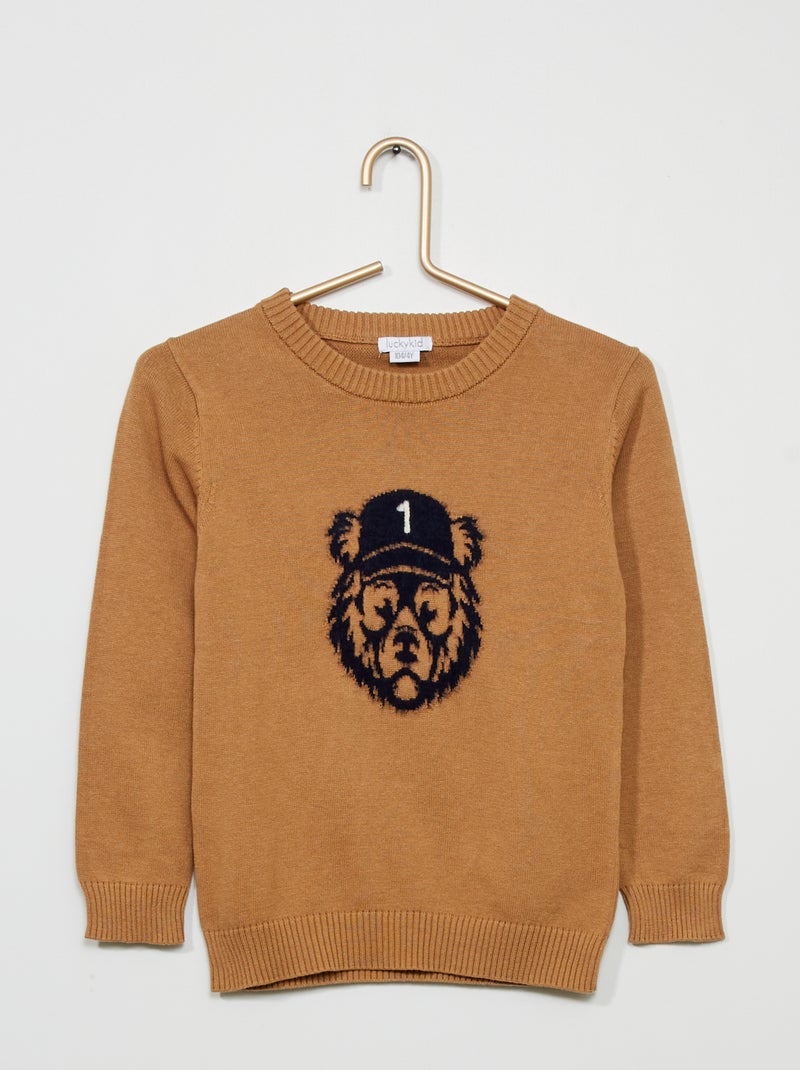 Camisola com cabeça de lobo em malha peluche bege - Kiabi
