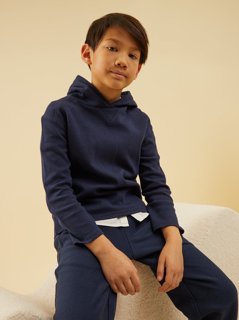 Camisola com capuz em ninho de abelha Azul Preto - Kiabi