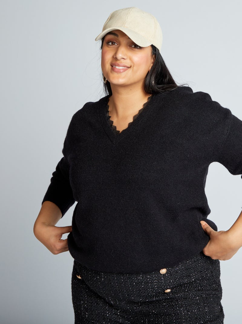 Camisola com decote em bico com renda Preto - Kiabi