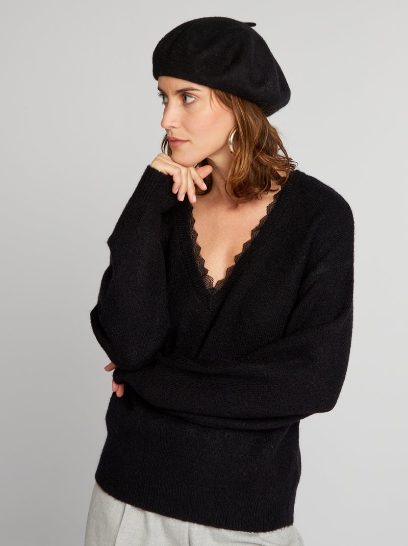 Camisola com decote em bico em renda Preto - Kiabi