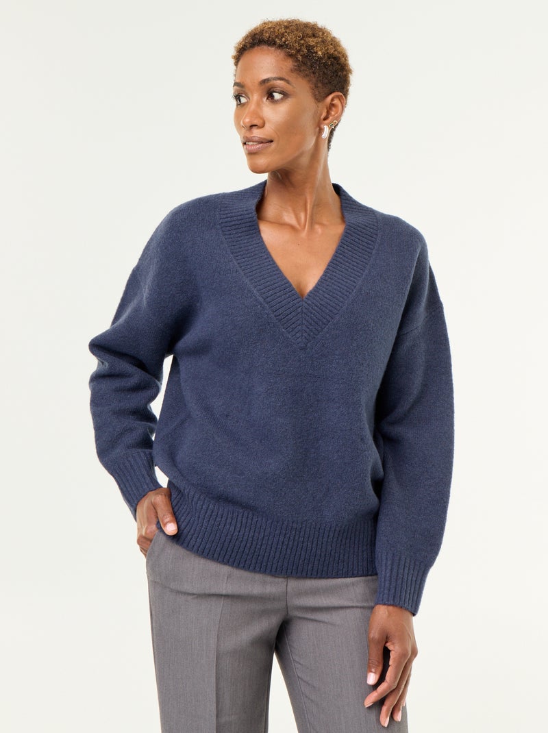 Camisola com decote em V grande em malha canelada Azul - Kiabi