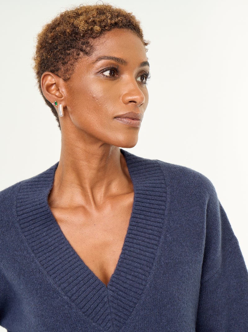 Camisola com decote em V grande em malha canelada Azul - Kiabi
