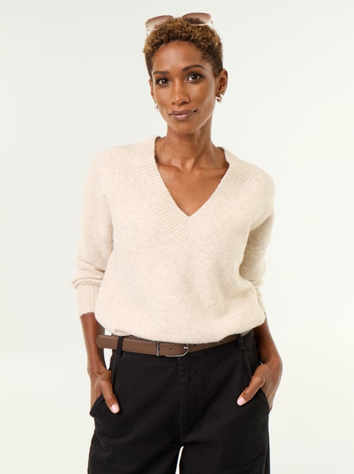 Camisola com decote em V grande em malha canelada - Kiabi Camisola com decote em V grande em malha canelada - Kiabi