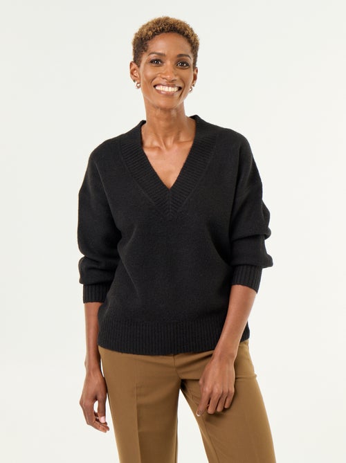 Camisola com decote em V grande em malha canelada - Kiabi Camisola com decote em V grande em malha canelada - Kiabi