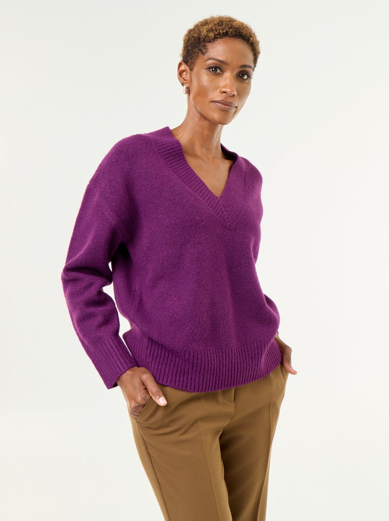 Camisola com decote em V grande em malha canelada Violeta - Kiabi