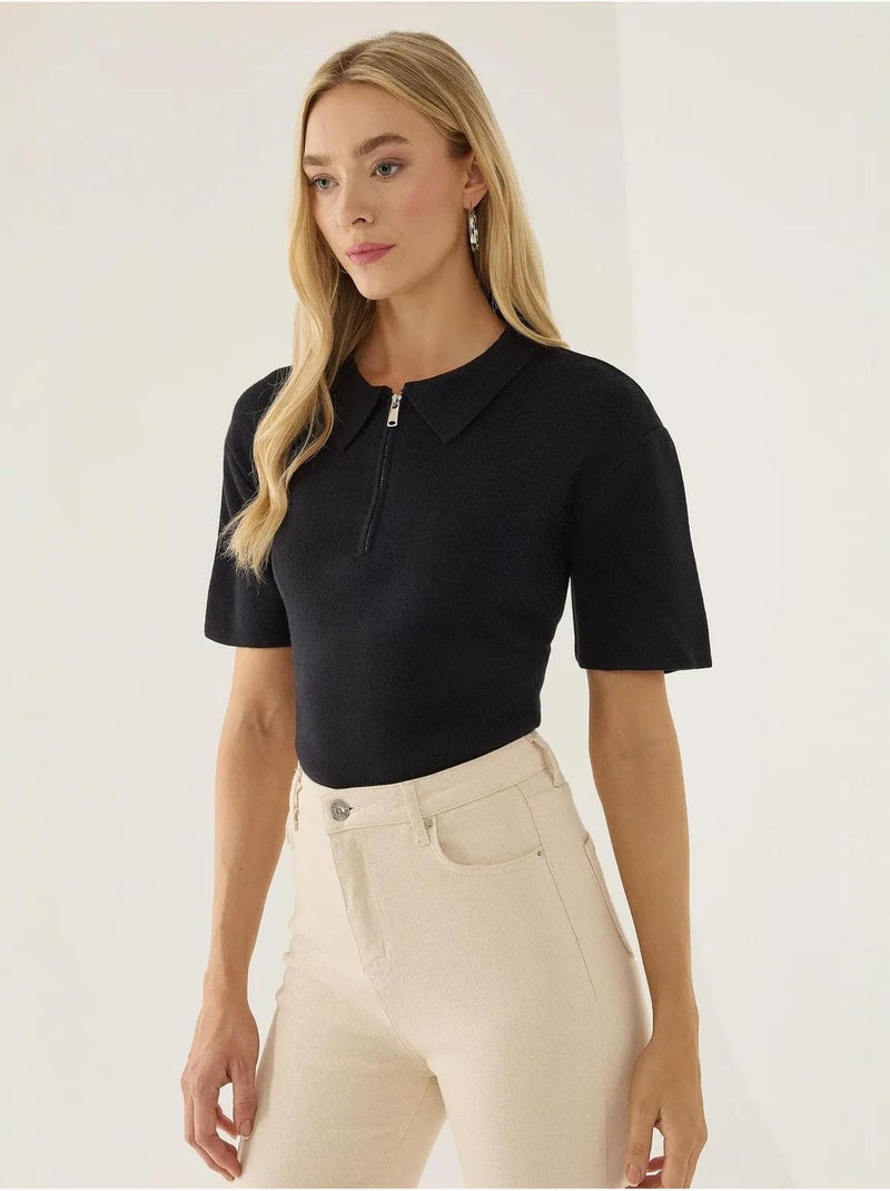 Camisola com fecho e gola polo Cinza antracite - Kiabi