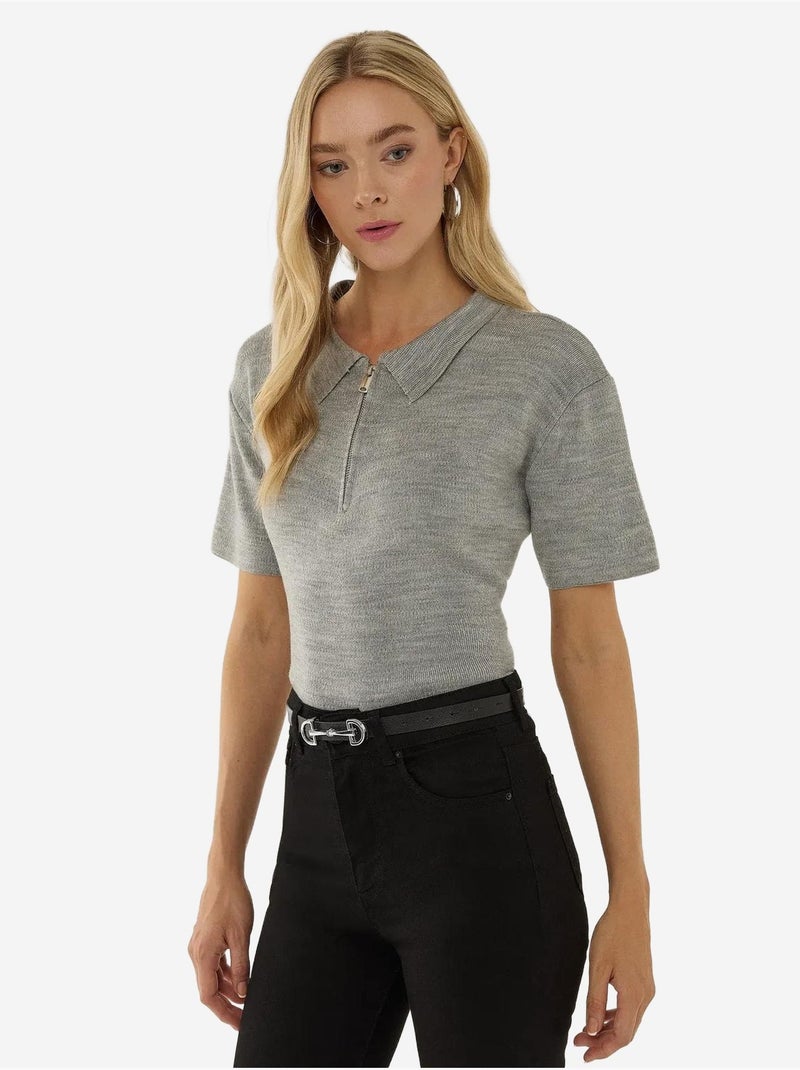 Camisola com fecho e gola polo Cinza - Kiabi
