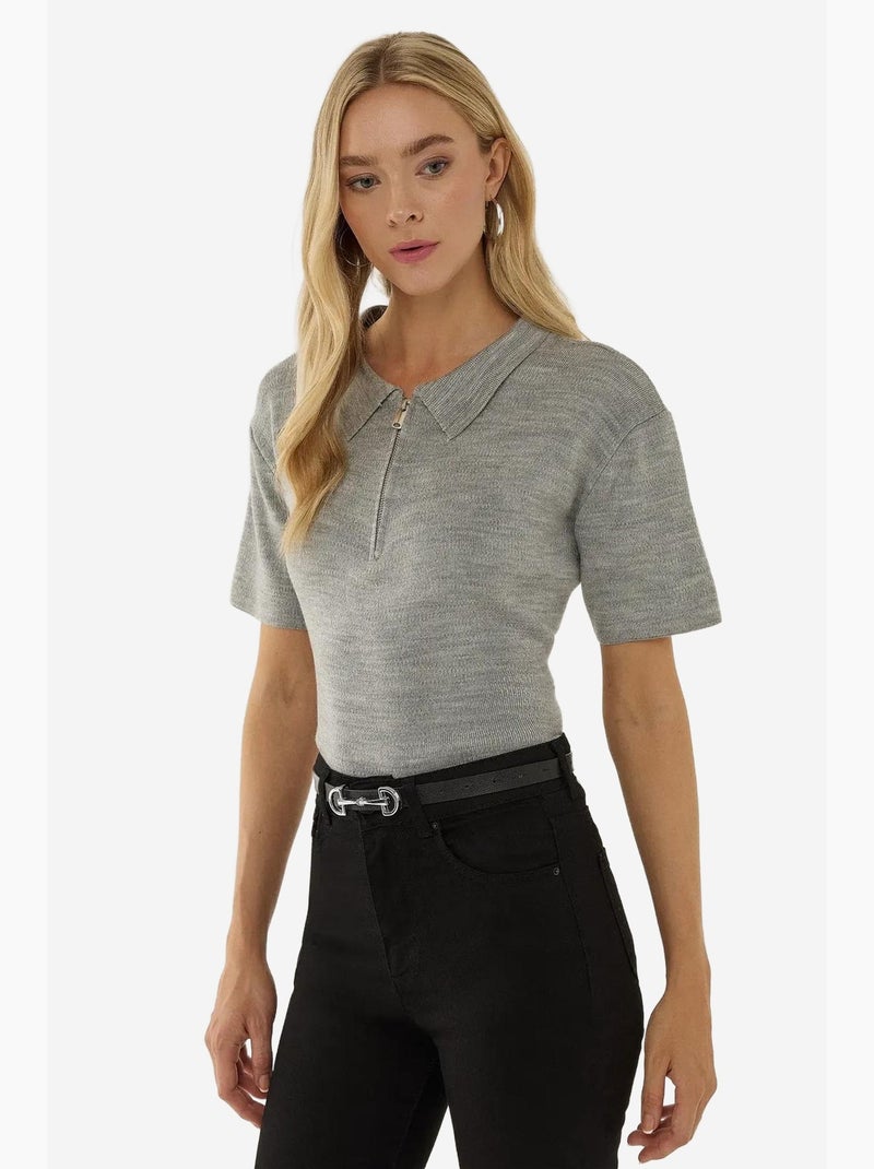 Camisola com fecho e gola polo hiccup Cinza - Kiabi