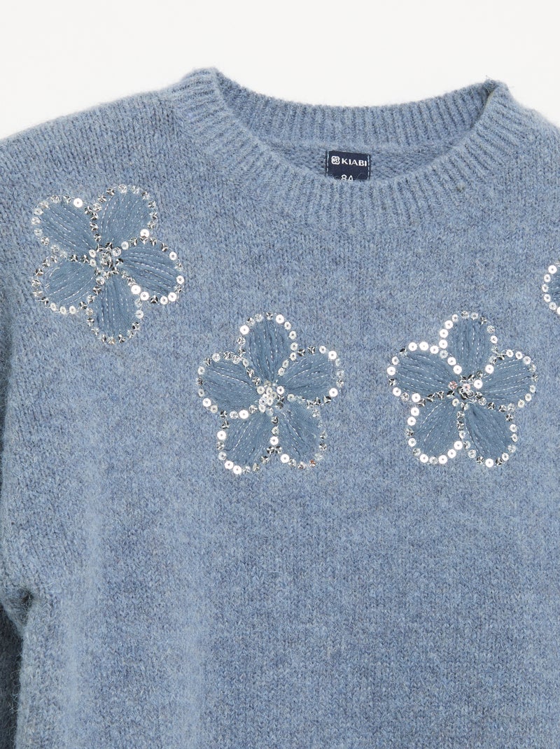 Camisola com flores bordadas e lantejoulas Azul - Kiabi
