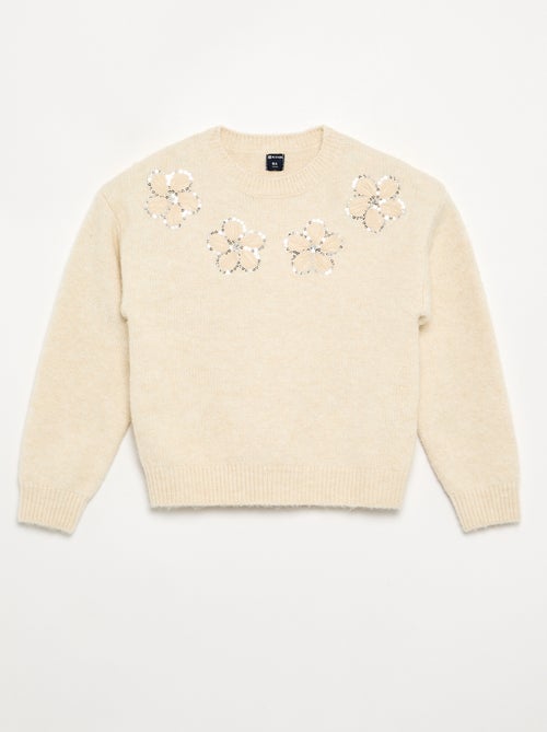 Camisola com flores bordadas e lantejoulas - Kiabi