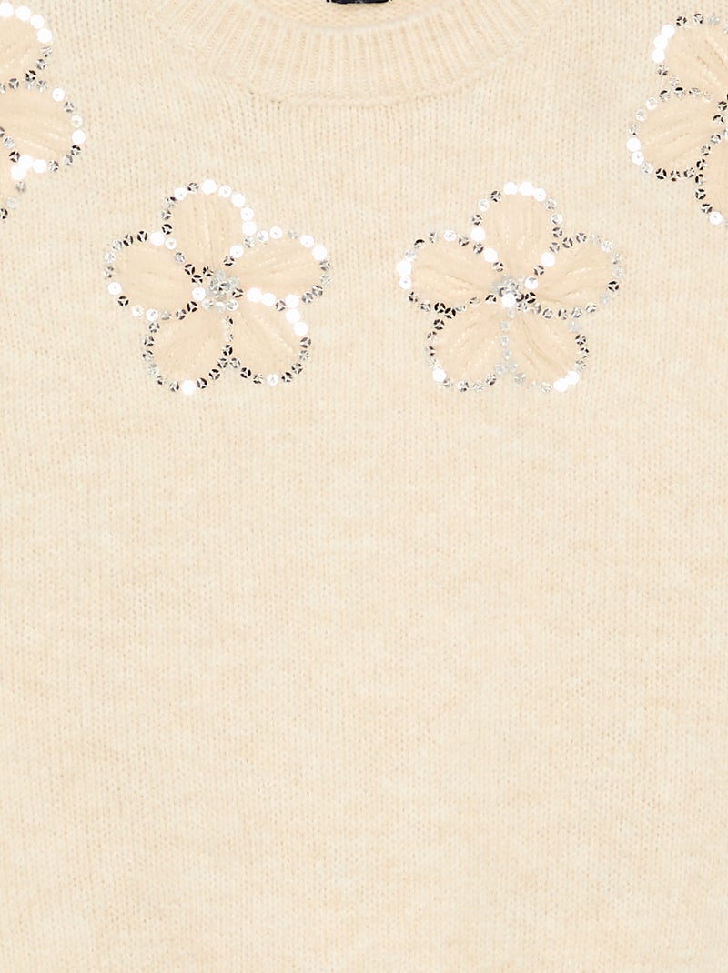 Camisola com flores bordadas e lantejoulas Bege - Kiabi