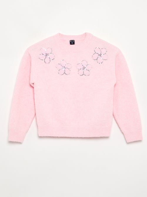 Camisola com flores bordadas e lantejoulas - Kiabi