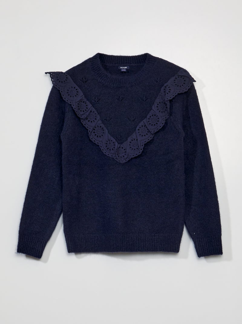 Camisola com folhos e bordado inglês Azul Preto - Kiabi