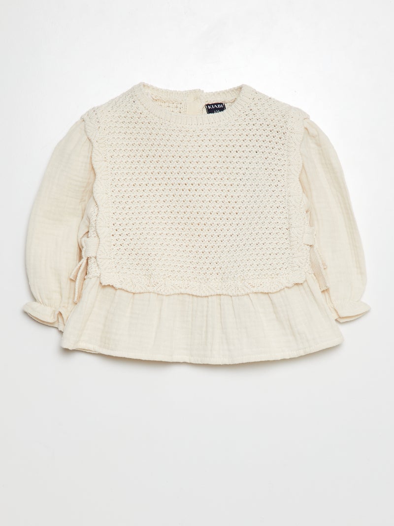 Camisola com folhos em malha ajurada BRANCO - Kiabi